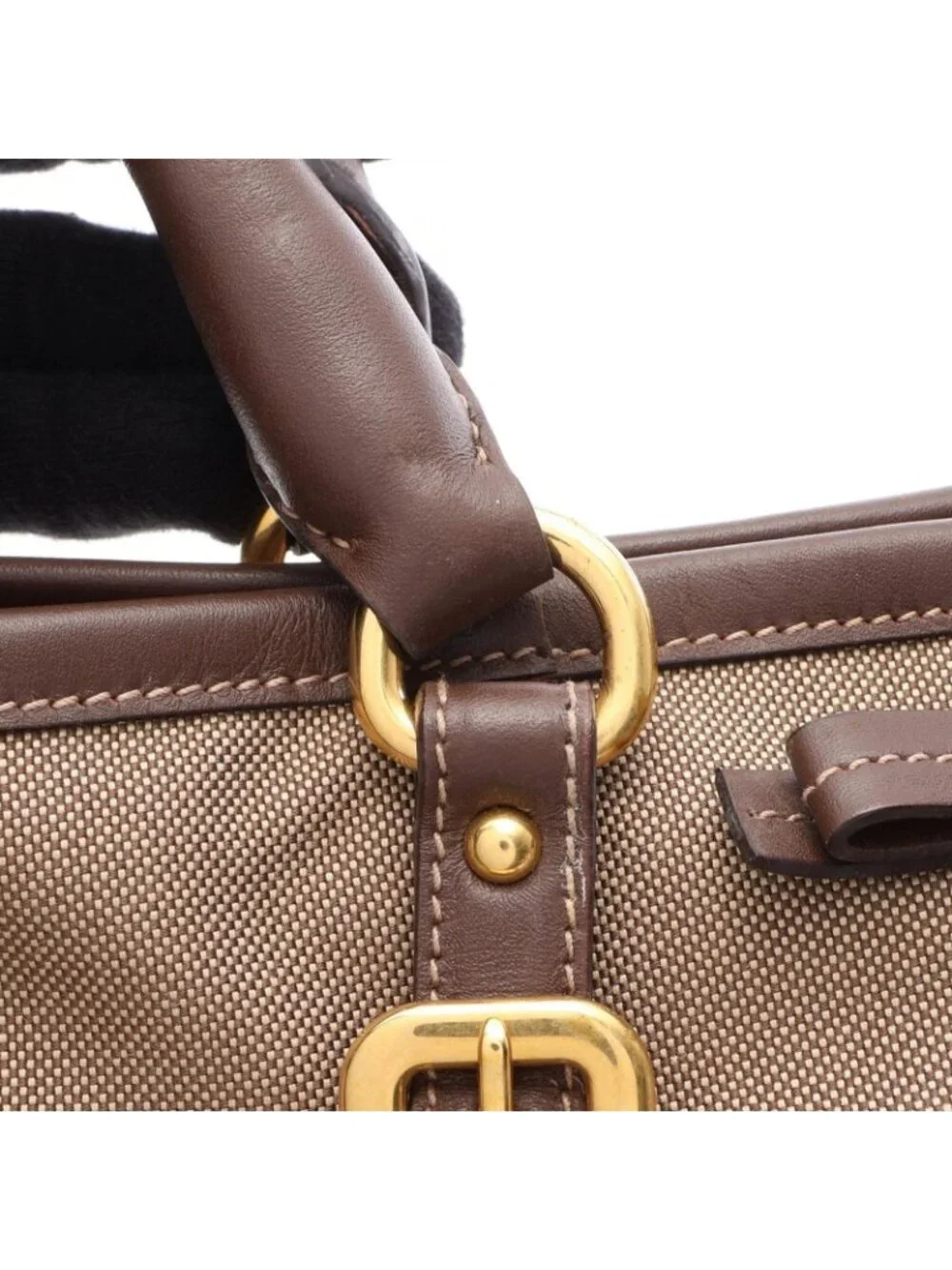 Prada Tote Bag Logo Jacquard 2-Way Beige Brown Canvas Leather Handle